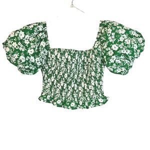 Altar'd State Green Floral Smocked Crop Top Puff Sleeve Cottagecore Coquette S